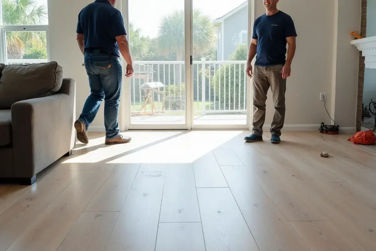 Newly installed oak-look luxury vinyl plank in an open living room in Jacksonville, FL