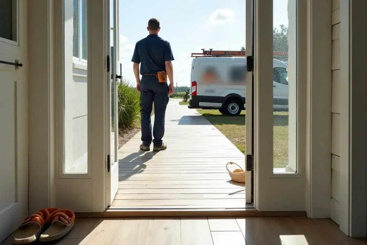 Porcelain tile entry at a coastal home near Jacksonville Beach, FL with sand-friendly finish