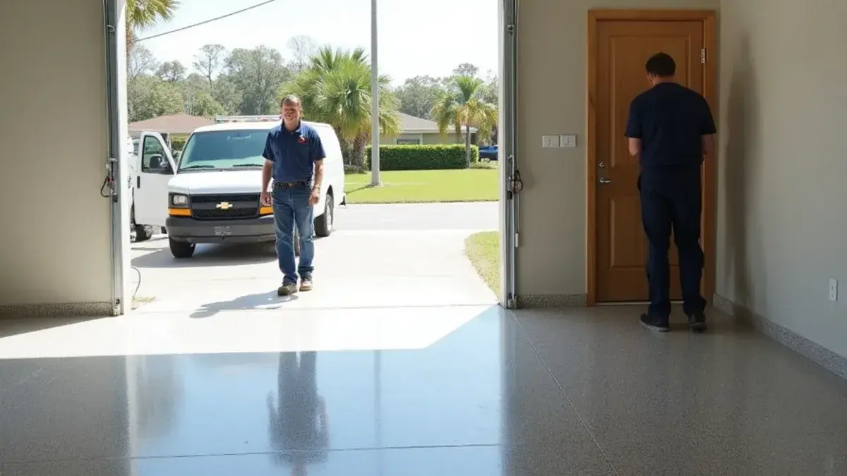 Gray flake epoxy garage floor and luxury vinyl plank hallway in a Jacksonville, FL slab home