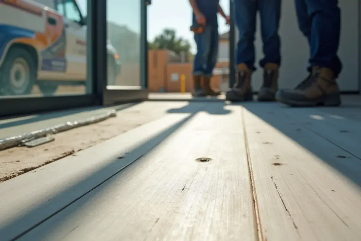 Sun-faded and peaking vinyl plank seams beside a sliding door in a Jacksonville, FL home