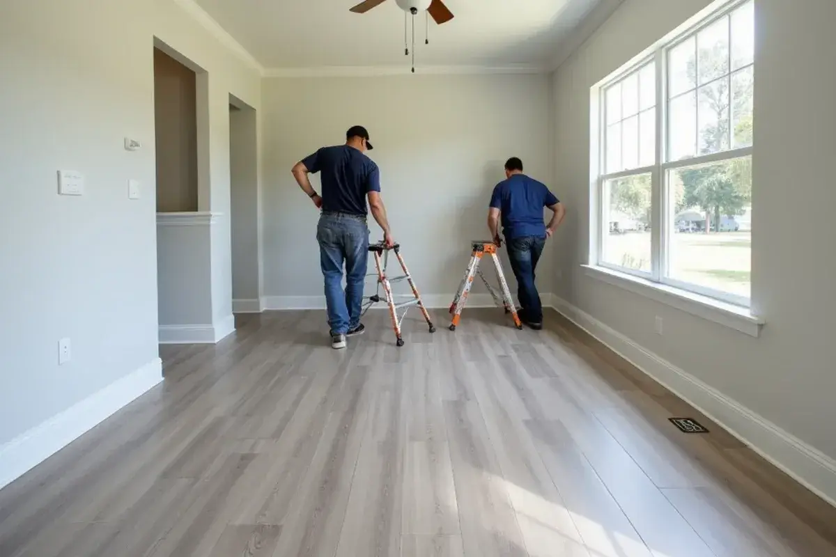 Finished vinyl plank living room with new quarter round and painted baseboards in Jacksonville, FL