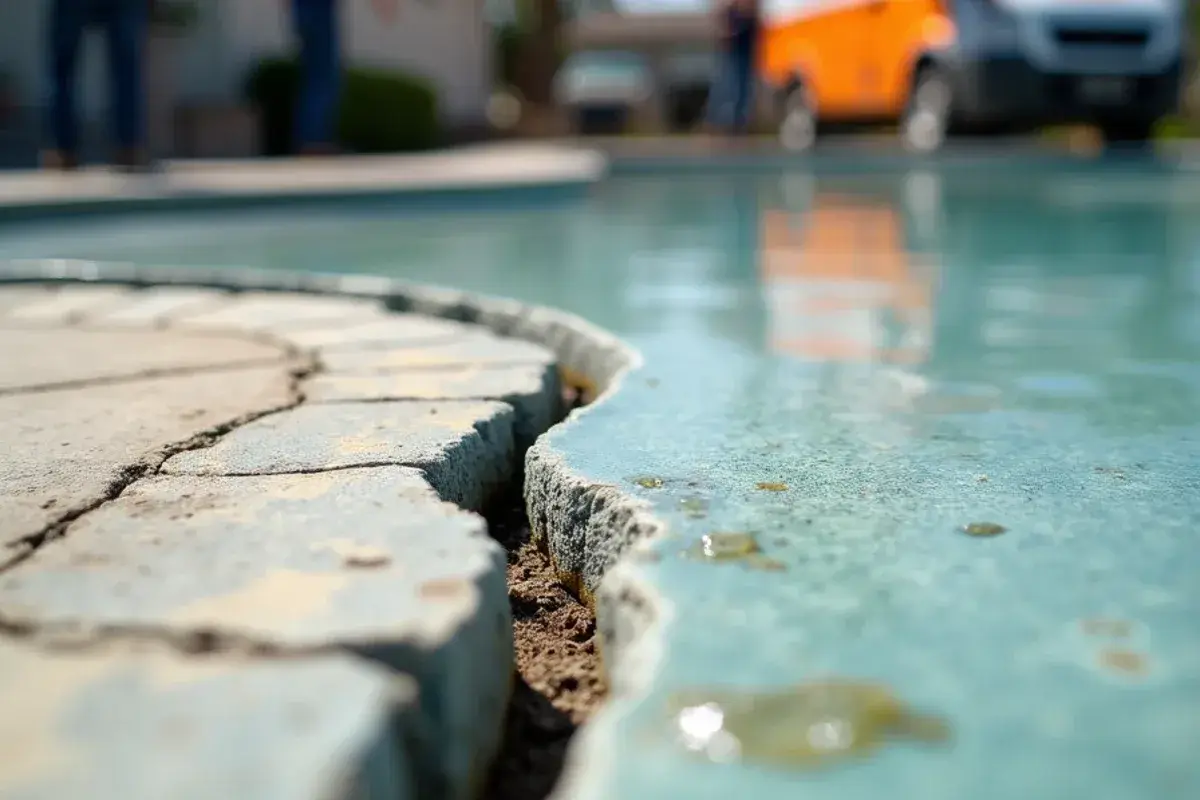 Cracked deck concrete and an open coping joint beside a backyard pool in Jacksonville, FL