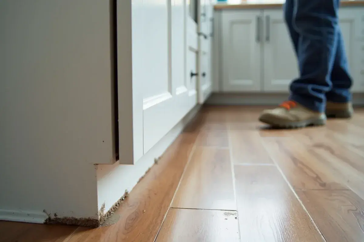 Swollen laminate seams beside a kitchen sink cabinet in a Jacksonville, FL rental