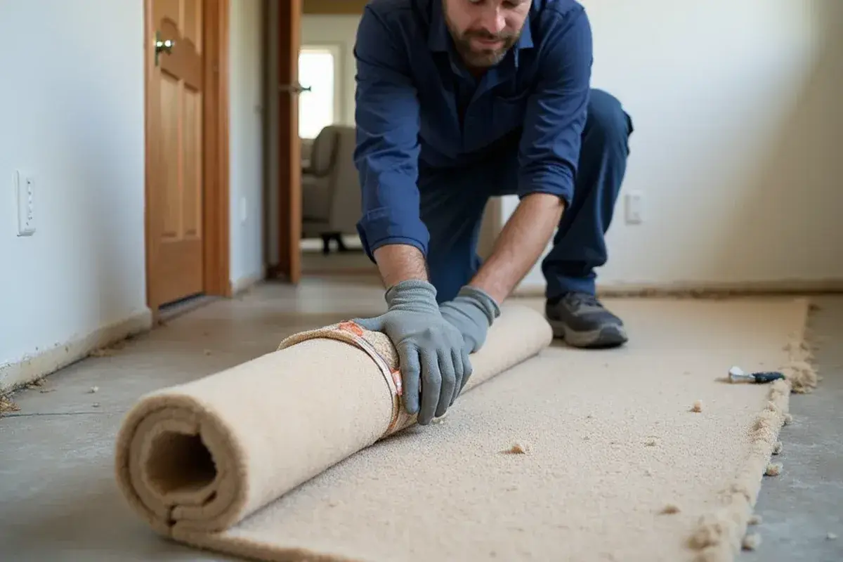 Stained carpet and pad rolled up for removal in a vacant Jacksonville, FL apartment
