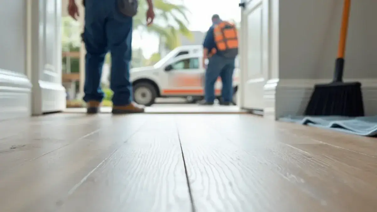 Clean transition between new vinyl plank and porcelain tile after cleanup in a Jacksonville, FL home