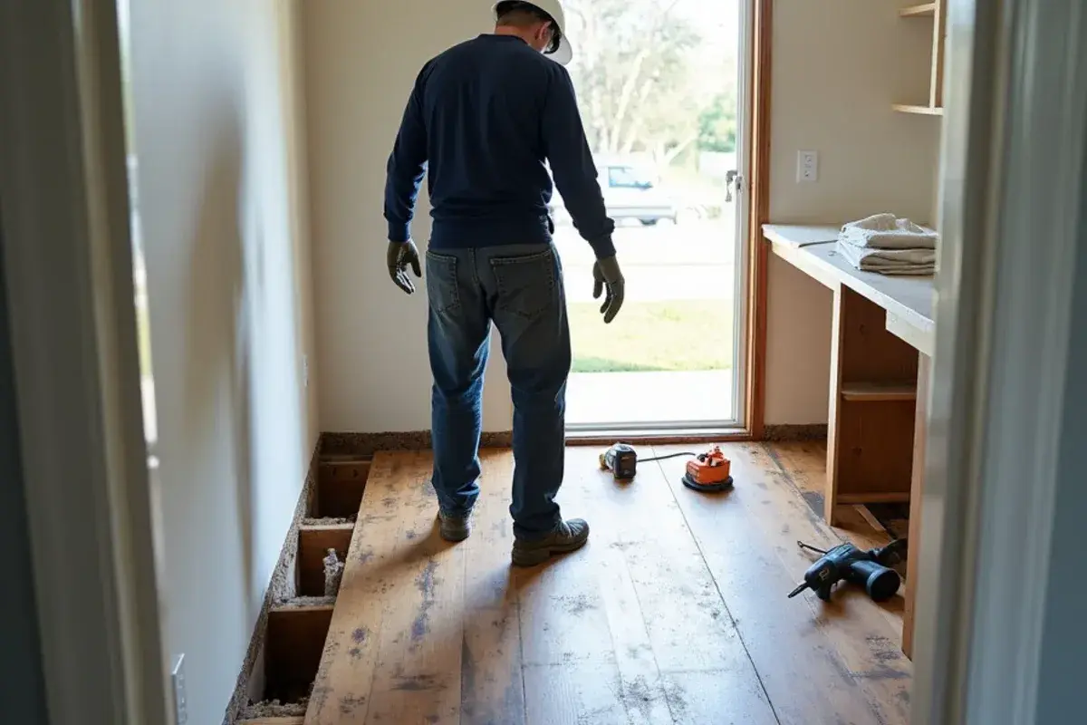 Soft subfloor sheathing cut out beside a bathroom doorway in an Atlantic Beach, FL home