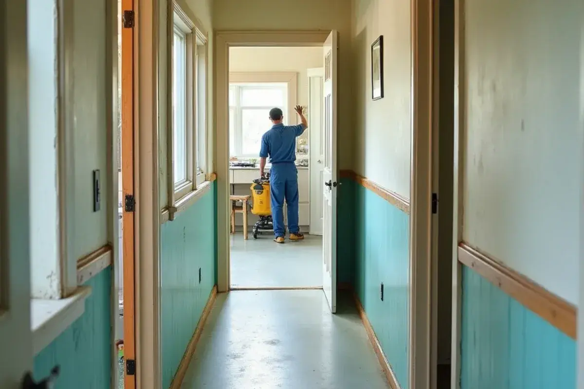 Postwar beach cottage hallway with worn vinyl floor before replacement in Atlantic Beach, FL
