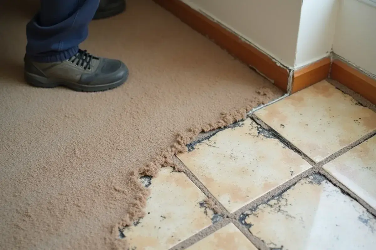Old vinyl composition tile and black mastic exposed under carpet in a Bellair-Meadowbrook Terrace, FL ranch