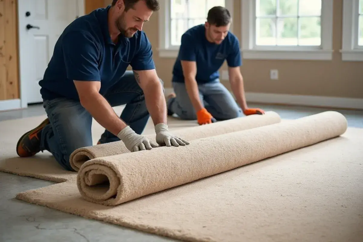 Sand-worn carpet being rolled out of a coastal cottage in Butler Beach, FL