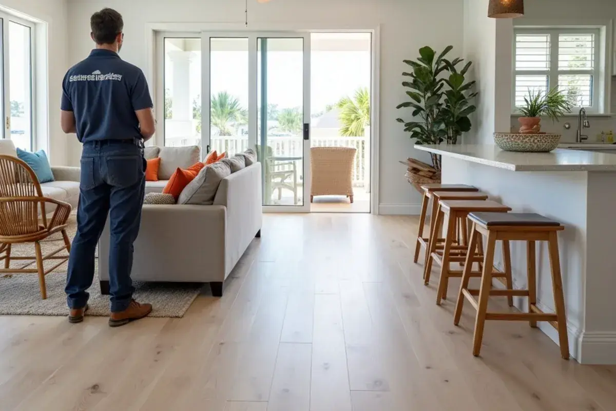 Waterproof vinyl plank running through a beach rental home in Butler Beach, FL
