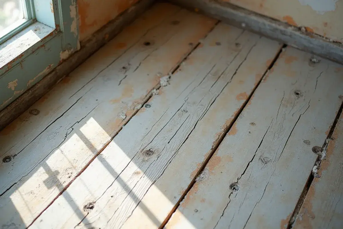 Worn linoleum peeled back to reveal wood boards in an older Callahan, FL frame house