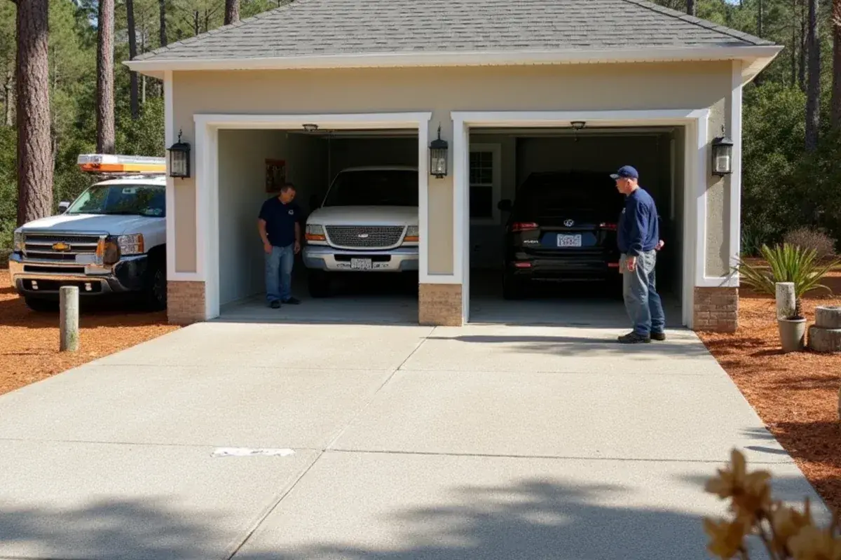 Gray flake coating finished on a two-car garage slab in Callahan, FL