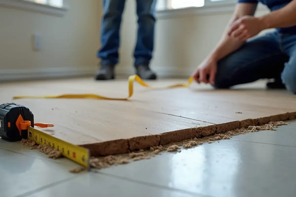 Swollen subfloor decking exposed in a manufactured home in Clay County, FL