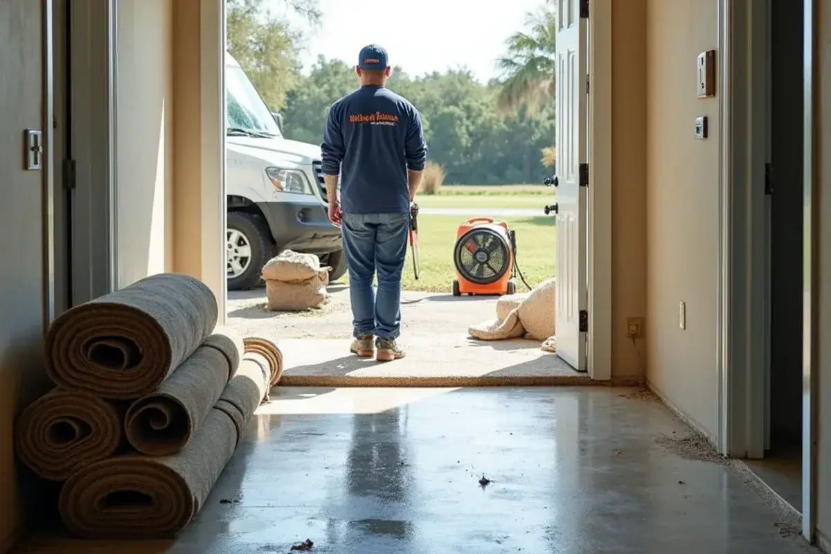 Flood-soaked carpet and pad pulled from a slab home near the St. Johns River in Duval County, FL