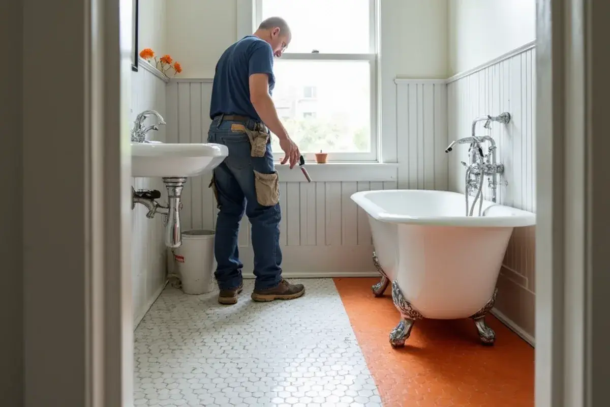 Porcelain tile set over an uncoupling membrane in an old house bath in Fernandina Beach, FL