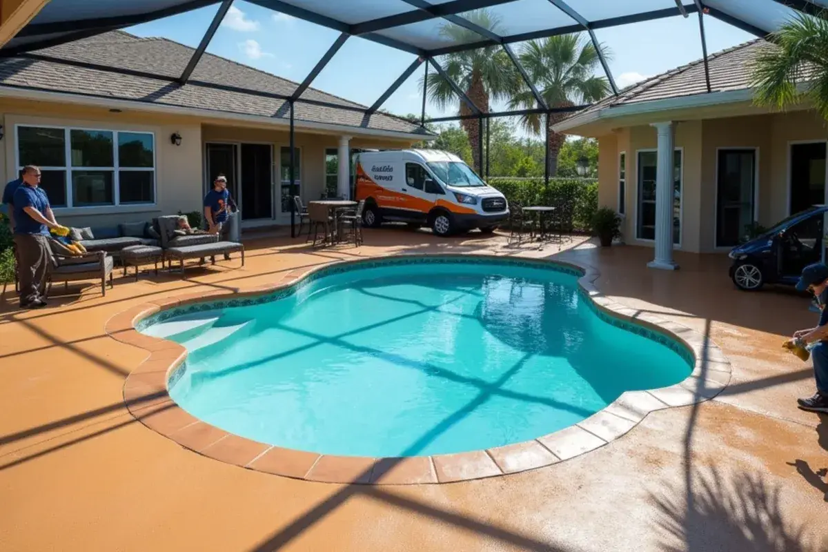 Textured decorative coating on a screened pool lanai in Fleming Island, FL