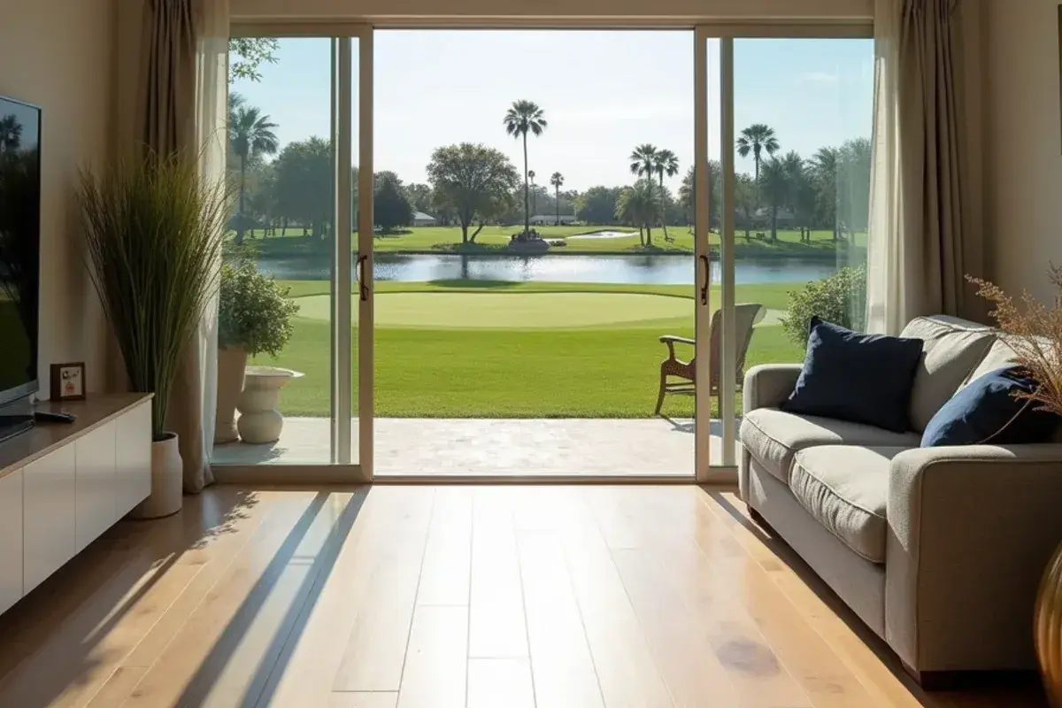 Living room with wide-plank floors overlooking a golf fairway in Fleming Island, FL