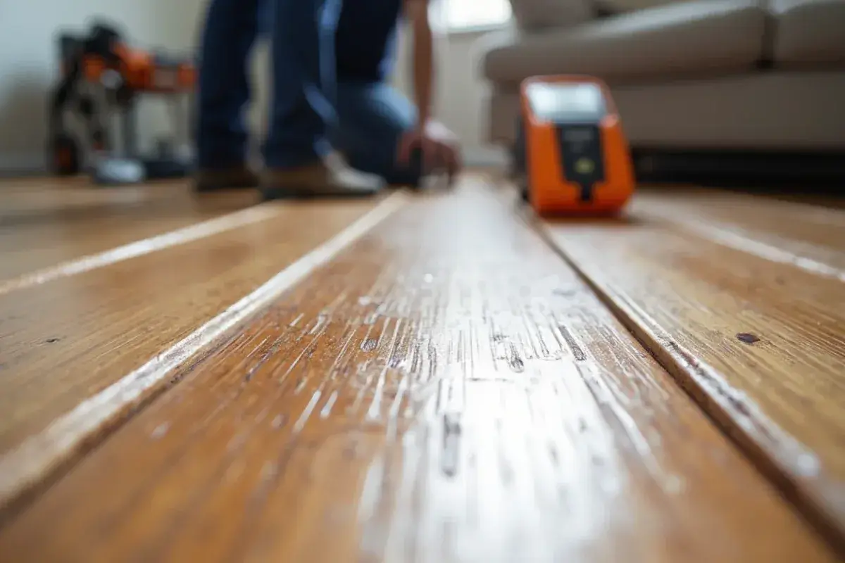 Cupped solid oak floorboards in a 1990s living room in Fruit Cove, FL