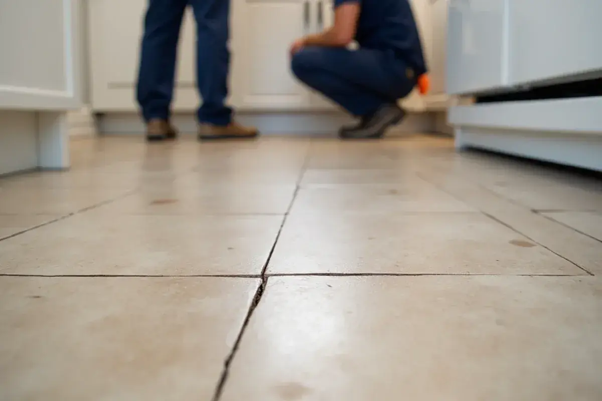 Cracked builder ceramic tile along a slab crack in a kitchen in Fruit Cove, FL