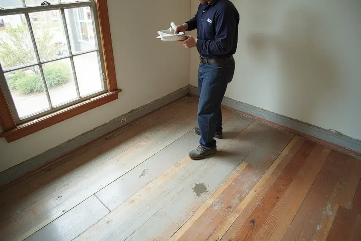 Original wood floorboards uncovered under old vinyl in a historic home in Green Cove Springs, FL