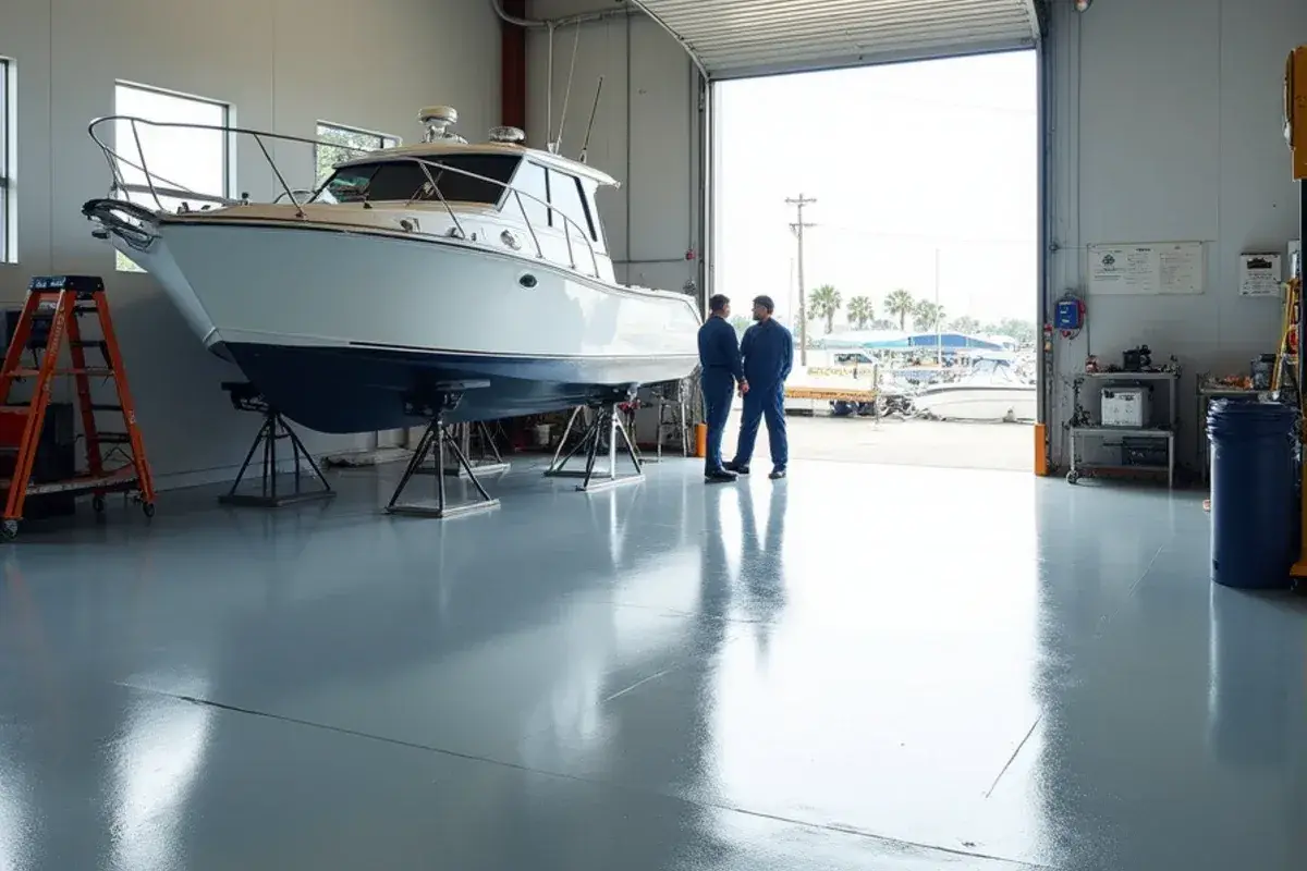 Chemical-resistant gray coating on a marine shop floor in Green Cove Springs, FL