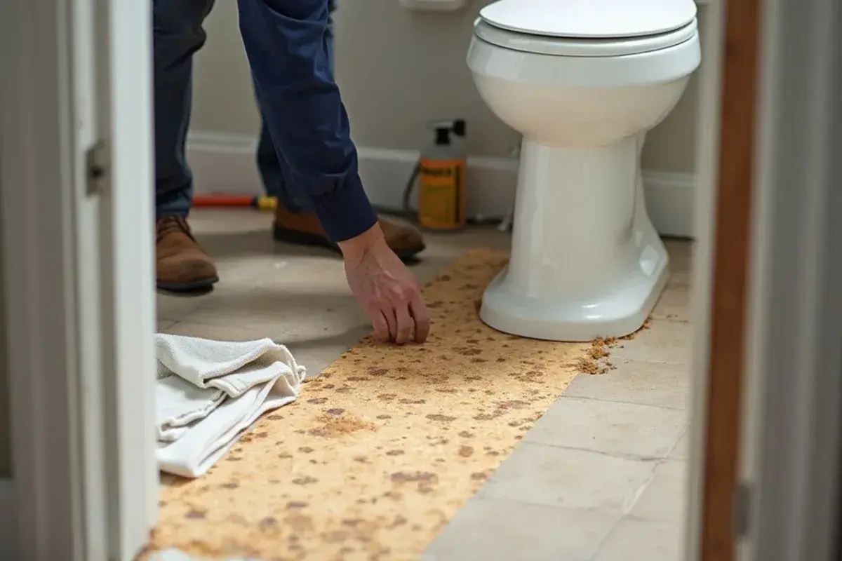 Particleboard subfloor swollen beside a toilet flange in a Hilliard, FL home
