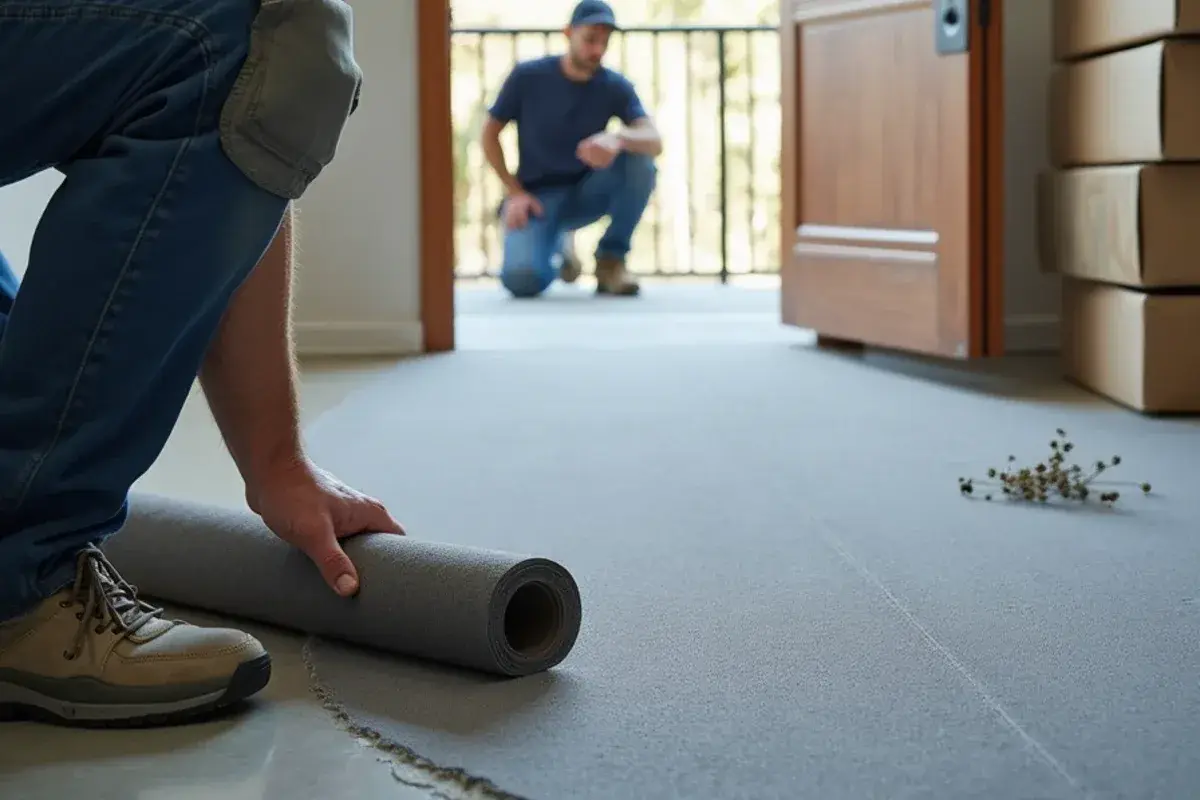 Sound-rated underlayment rolled over a condo slab before plank install in Jacksonville Beach, FL