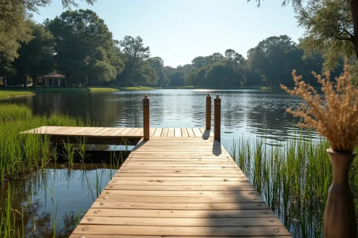 Backyard dock on calm brackish lake water in Lakeside, FL