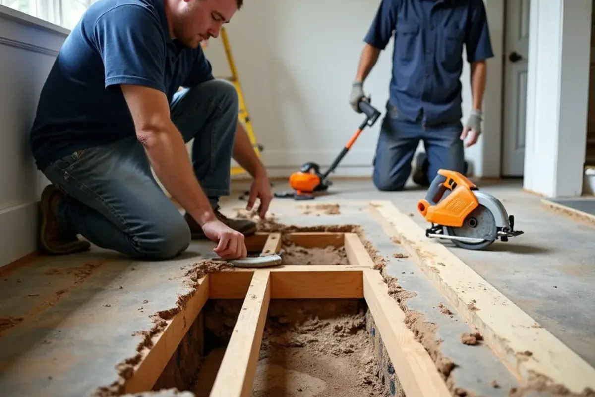 Damaged subfloor decking cut out in an older farmhouse in Nassau County, FL
