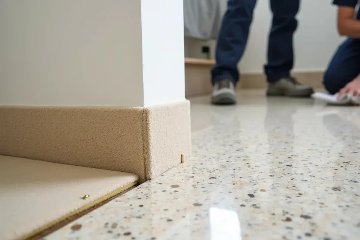 Old carpet pulled back to show speckled terrazzo in a postwar home in Neptune Beach, FL