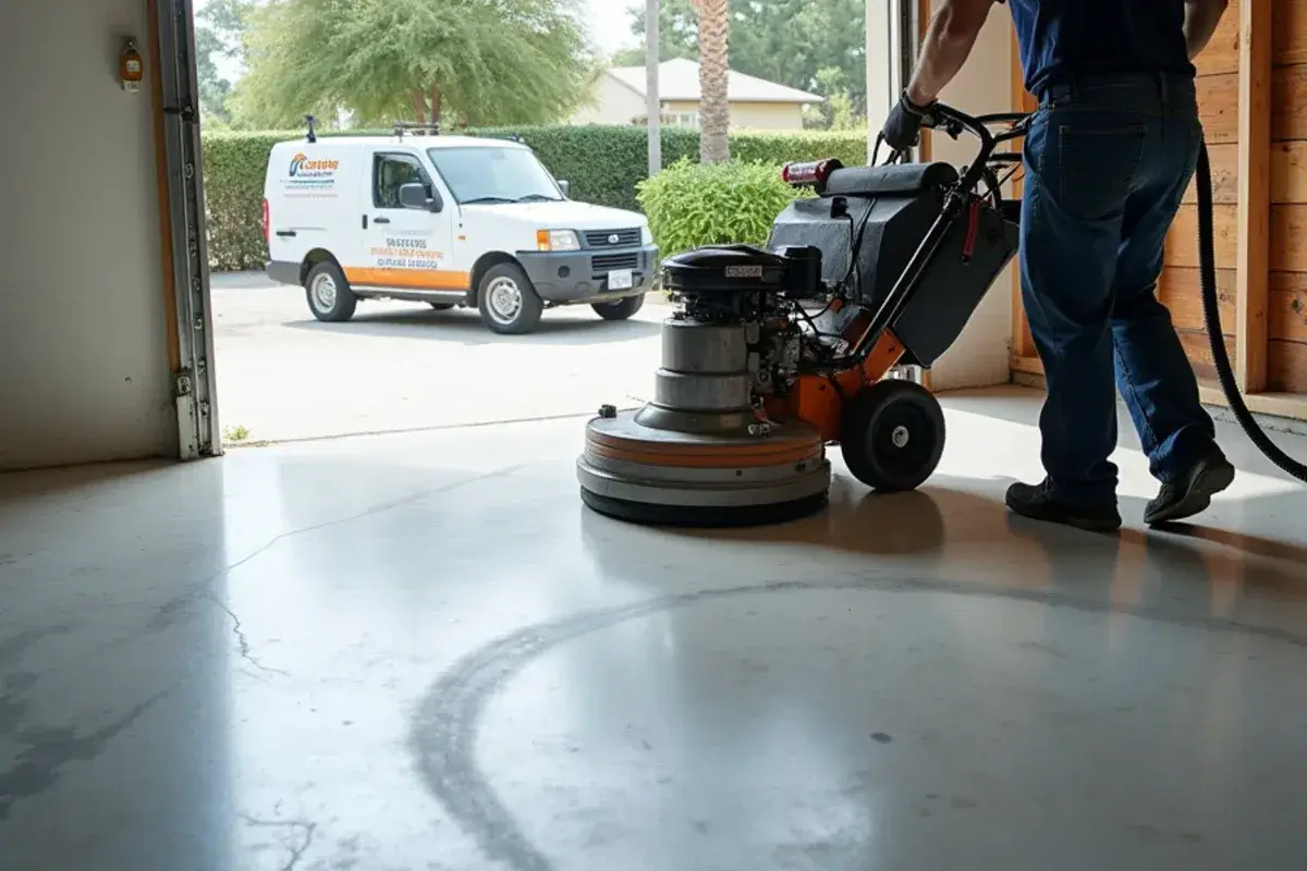 Diamond grinder prepping a three-car garage slab in Oakleaf Plantation, FL