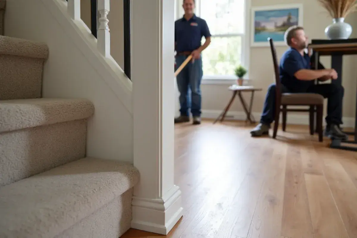 Stair nosing where new plank meets the landing in a two-story Clay County, FL home