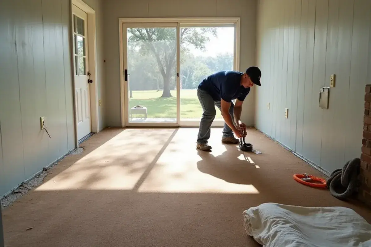 Old carpet removed from the slab of a 1970s ranch home in Orange Park, FL
