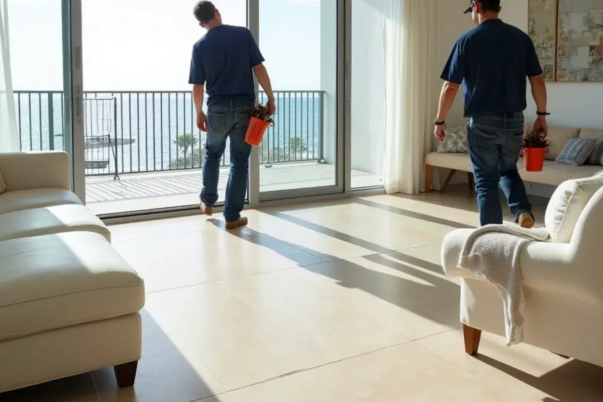 Travertine floor in an ocean-view living room in Ponte Vedra Beach, FL
