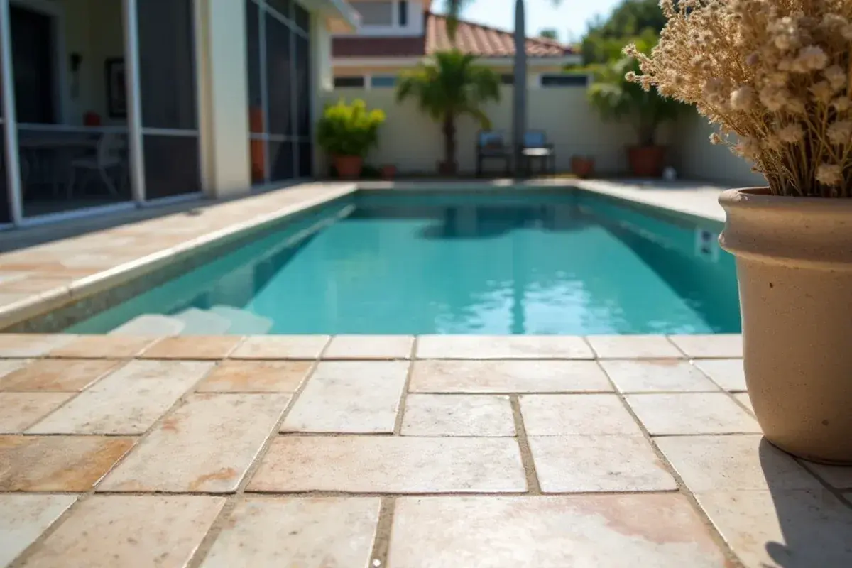 Freshly sealed travertine pool deck beside a pool in Ponte Vedra Beach, FL