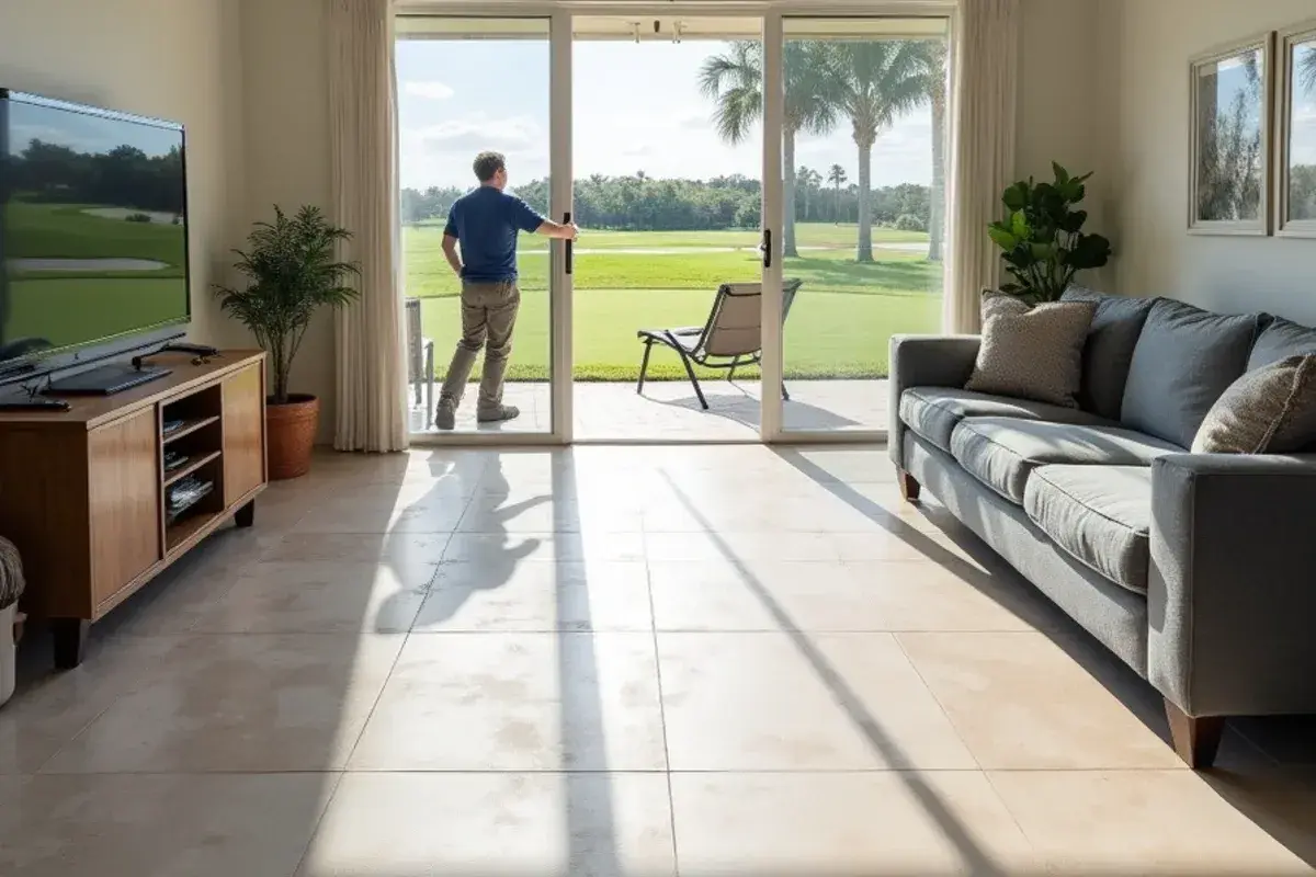 Large-format porcelain tile laid in a patio home living room in Sawgrass, FL