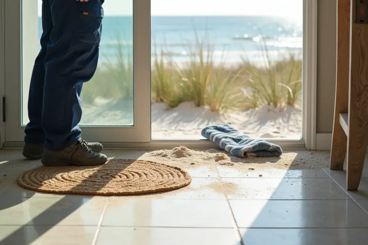 Sand tracked across a porcelain tile floor inside a sliding door in St. Augustine Beach, FL