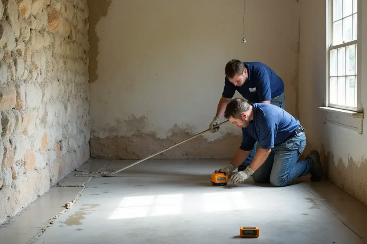 Ground-floor room with a shell-stone wall and damp concrete floor in St. Augustine, FL