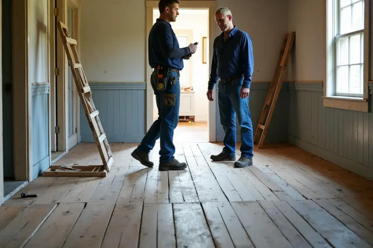 Worn wood floorboards in an older farmhouse near Hastings in St. Johns County, FL
