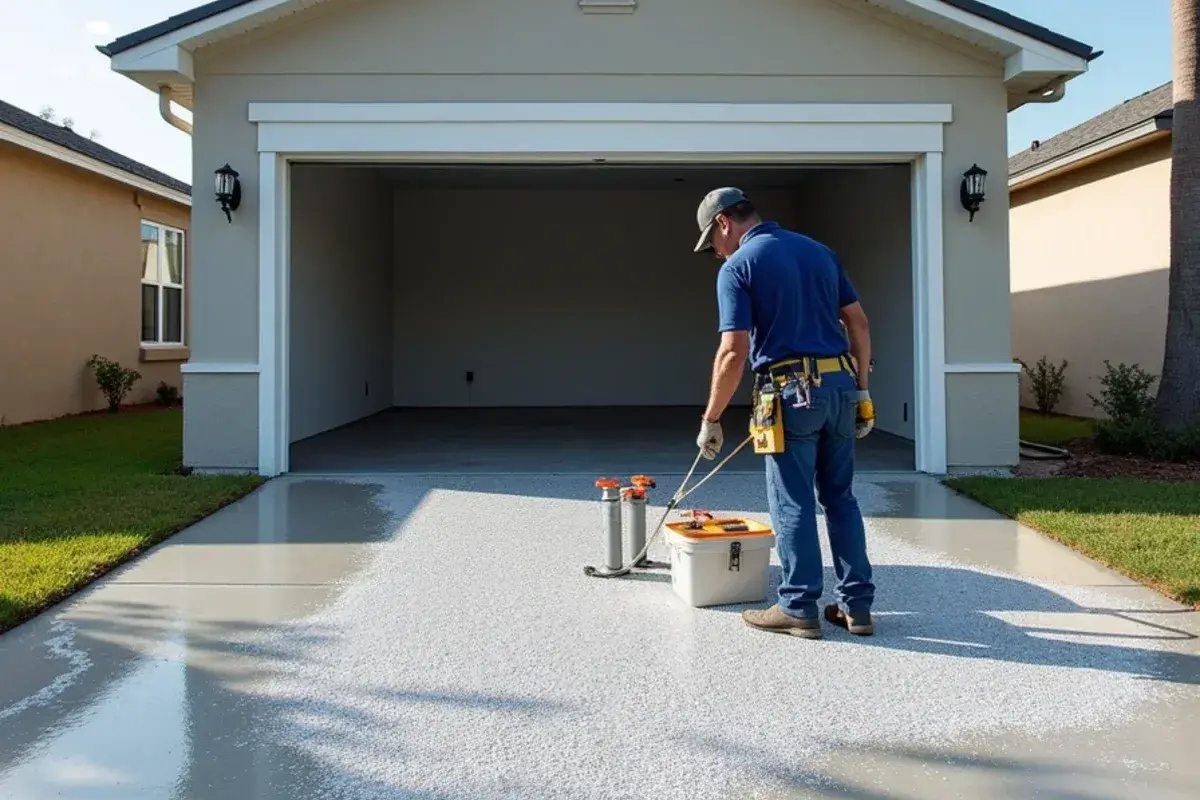 Flake coating going down in a new two-car garage in St. Johns, FL
