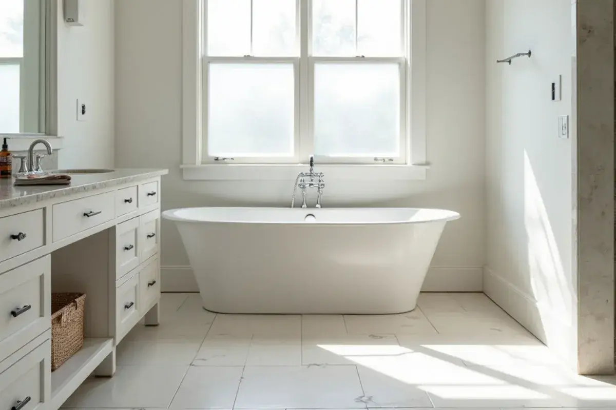 Large-format porcelain set in a primary bathroom of a new home in St. Johns, FL