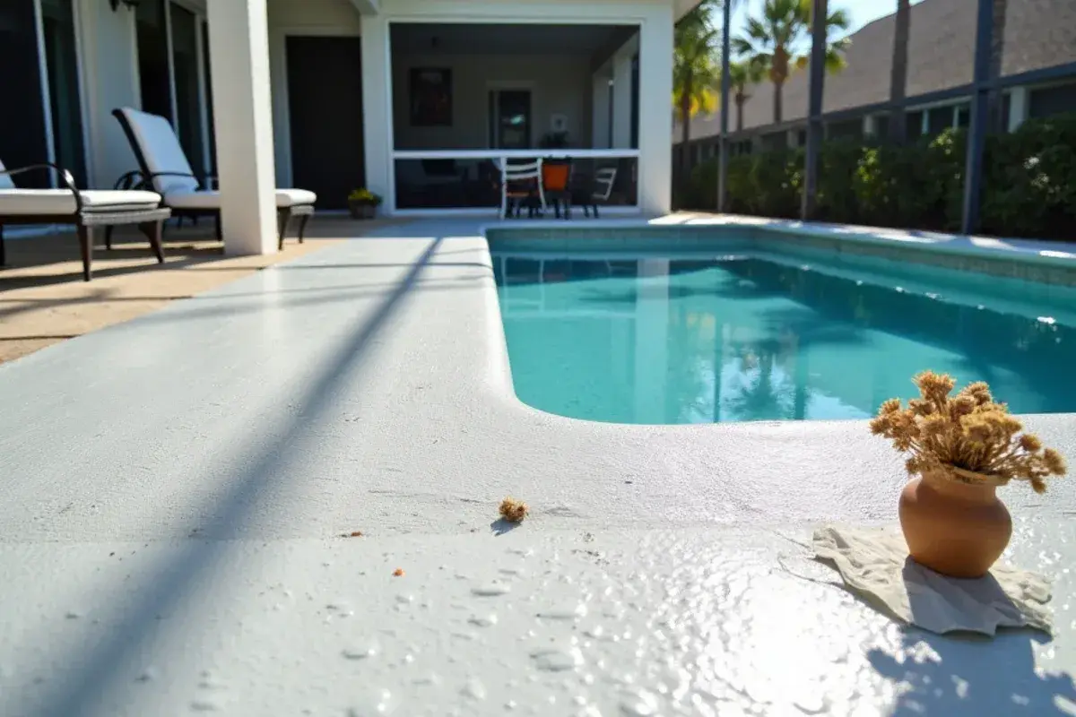 Textured slip-resistant coating on a pool deck beside a coastal home in Vilano Beach, FL