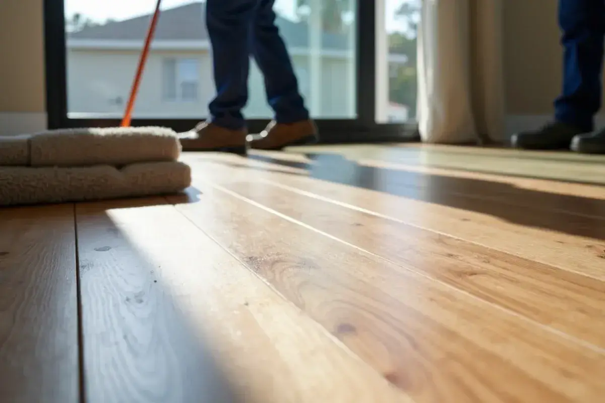 Swollen laminate planks near a sliding door in a World Golf Village home in St. Johns County, FL