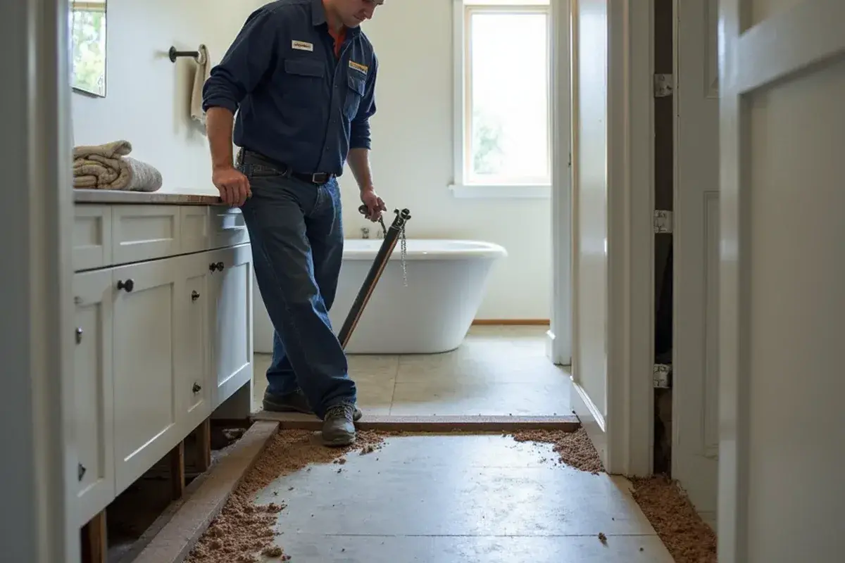 Water-damaged decking cut out near a tub in a manufactured home in Yulee, FL