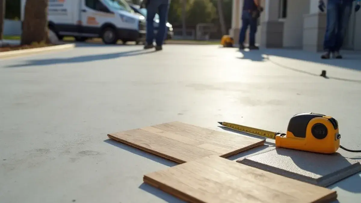 Wood-look plank samples and a tape measure on a concrete driveway in Jacksonville, FL