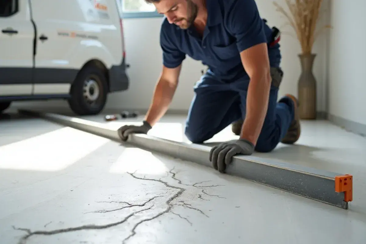 Installer checking slab flatness with a long straightedge before tile in Jacksonville, FL