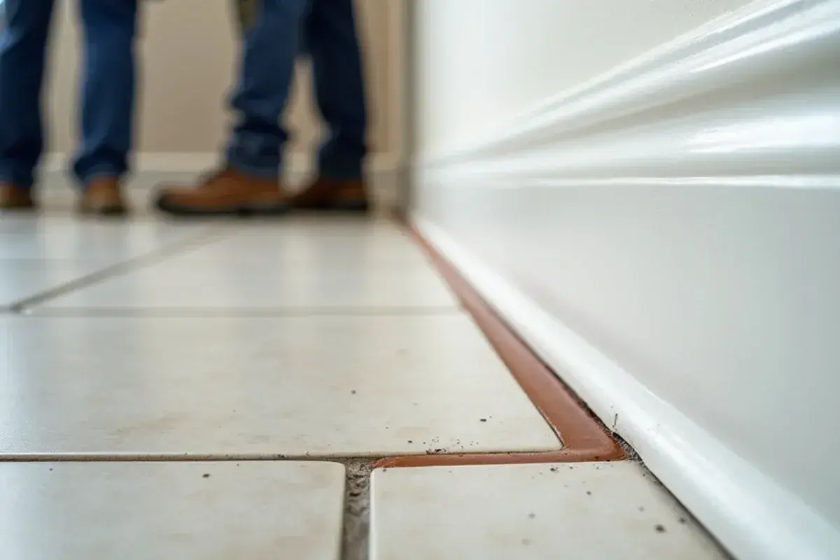 Flexible sealant movement joint along the wall edge of a repaired tile floor in Jacksonville, FL