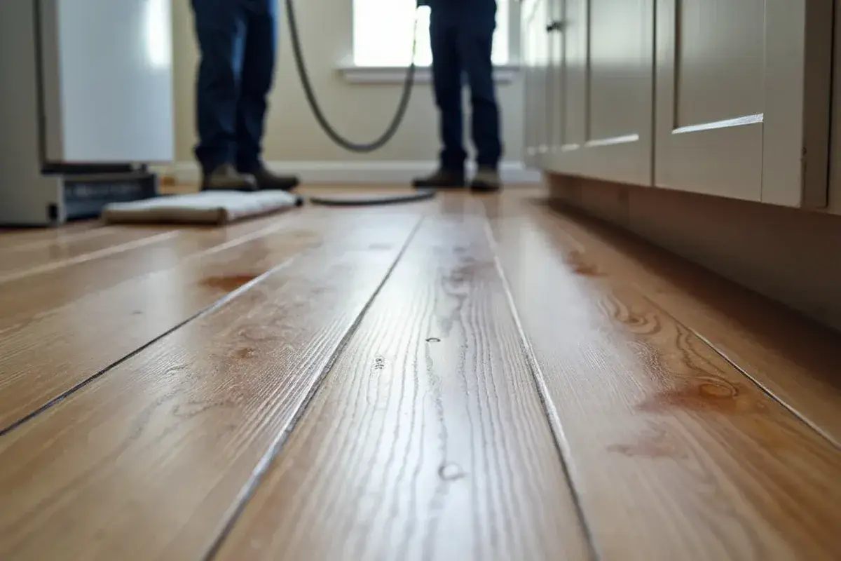 Swollen laminate plank edges after a supply-line leak in a Jacksonville, FL kitchen