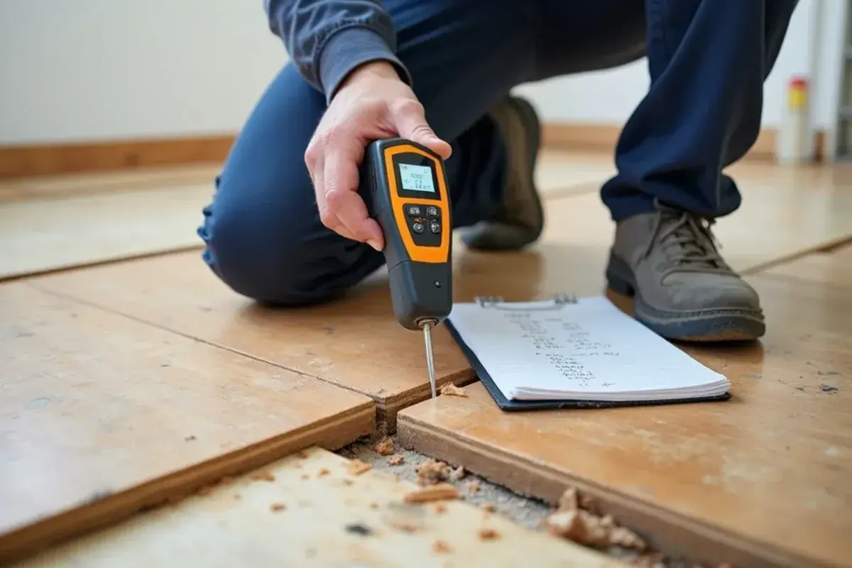 Moisture meter reading taken on exposed plywood subfloor after flooding in Jacksonville, FL