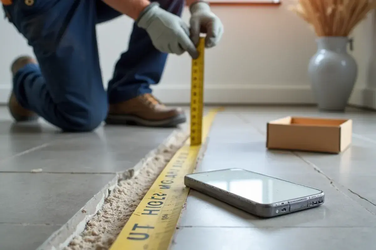 Tape measure and phone photo documenting a flood-damaged floor for an adjuster in Jacksonville, FL